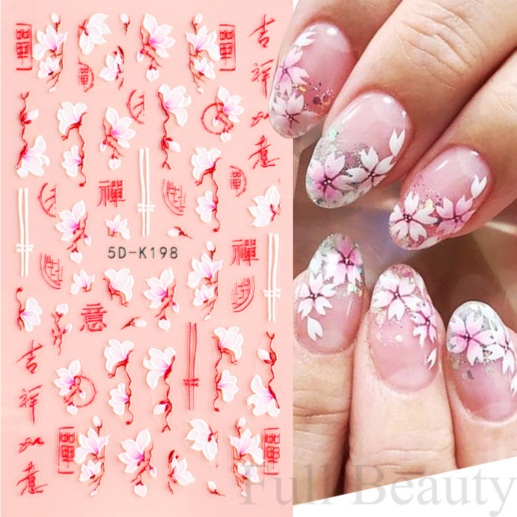 5D Peach Blossom Nail Stickers White Pink Flowers Embossed Sliders Chinese Characters Charms Decals