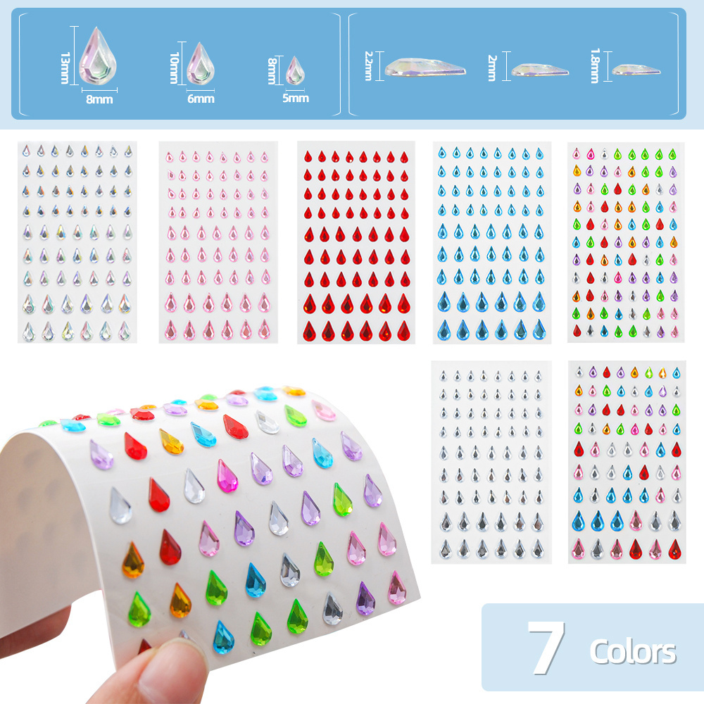 Water Drop Shape Self Adhesive Rhinestones Stickers 3D Acrylic Jewel Stickers For Festival  Face Crafts Set Of 7