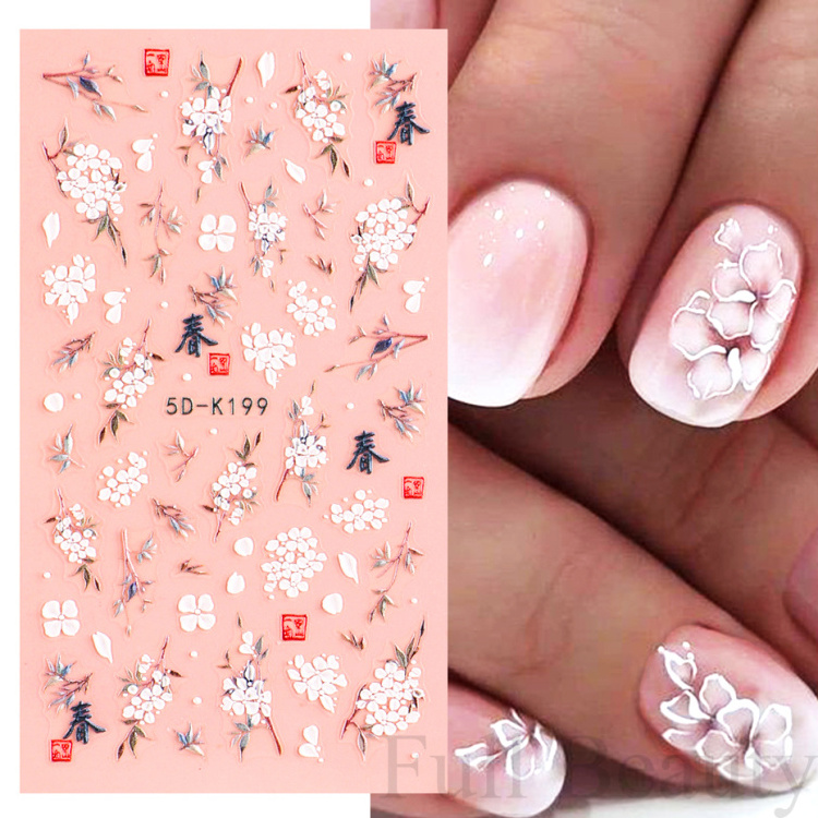 5D Peach Blossom Nail Stickers White Pink Flowers Embossed Sliders Chinese Characters Charms Decals