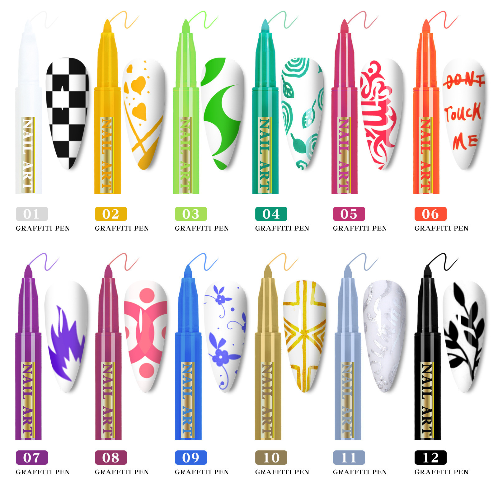 Acrylic Gel Design 3D Paint Tube Nail Art Pen 12 Colors Nail Polish False tips Drawing one step Pen