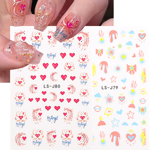 3D Cute Red Heart Star Cloud Nail Sliders Stickers Paper Nail Decal Adhesive Stickers Nail Art Decoration Decals