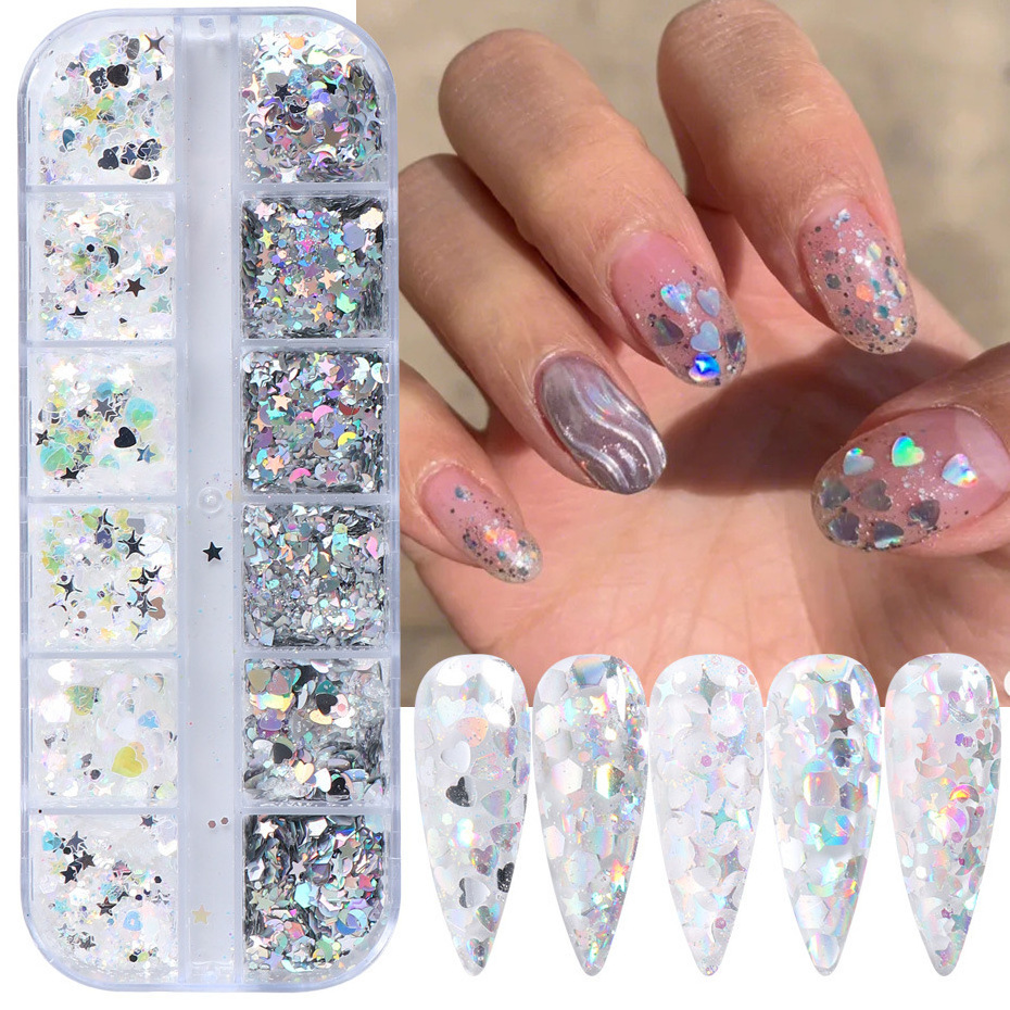 New Year Laser Silver Irregular Shaped Star Color Love Mixed Nail Sequin Nail Art DIY Chunky Sticker