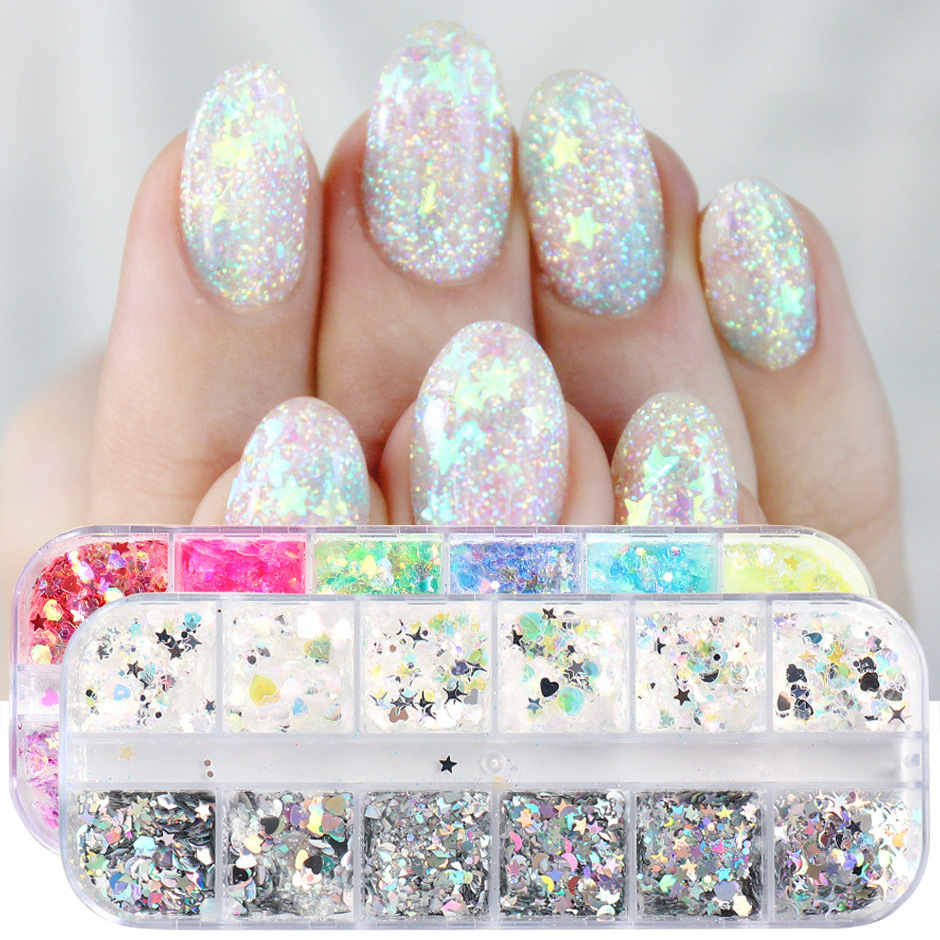 New Year Laser Silver Irregular Shaped Star Color Love Mixed Nail Sequin Nail Art DIY Chunky Sticker