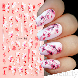 5D Peach Blossom Nail Stickers White Pink Flowers Embossed Sliders Chinese Characters Charms Decals