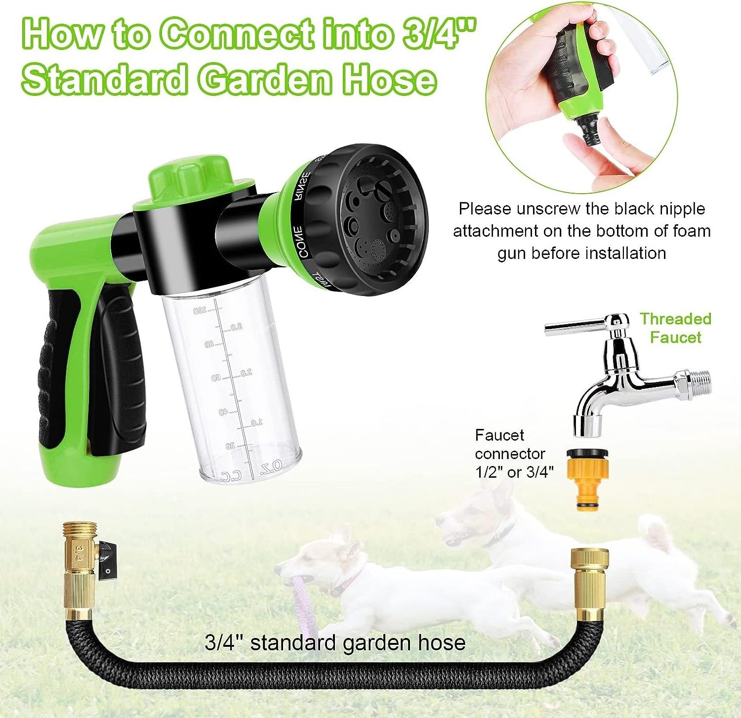 Pup Jet Wash Set 8 Spray Modes Soap Dispenser Bottle Snow Foam Gun Water Hose Foam Nozzle sprayer For Showering Pets Dog Cat