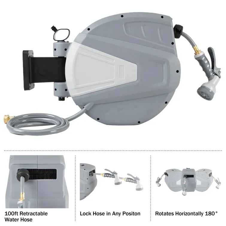 15M Wall Mounted Garden Hose Reel With Auto Lock and Slow Retractable Garden Watering Automatic Rewind Water Hose Reel