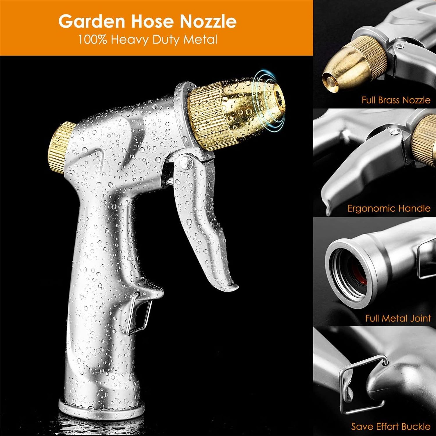 Garden Hose Nozzle Heavy 100% Metal Duty Hose Spray Nozzle with 3/4