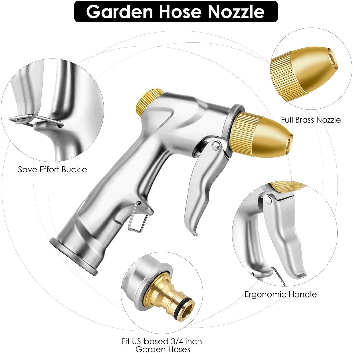 Garden Hose Nozzle Heavy 100% Metal Duty Hose Spray Nozzle with 3/4