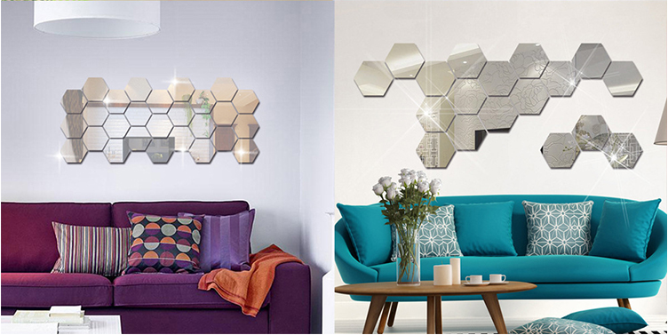 Custom Shape Hexagonal Mirror Stickers Mirror Wall Sticker Living Room Bedroom Home Decor Silver Mirror Glass Sheet