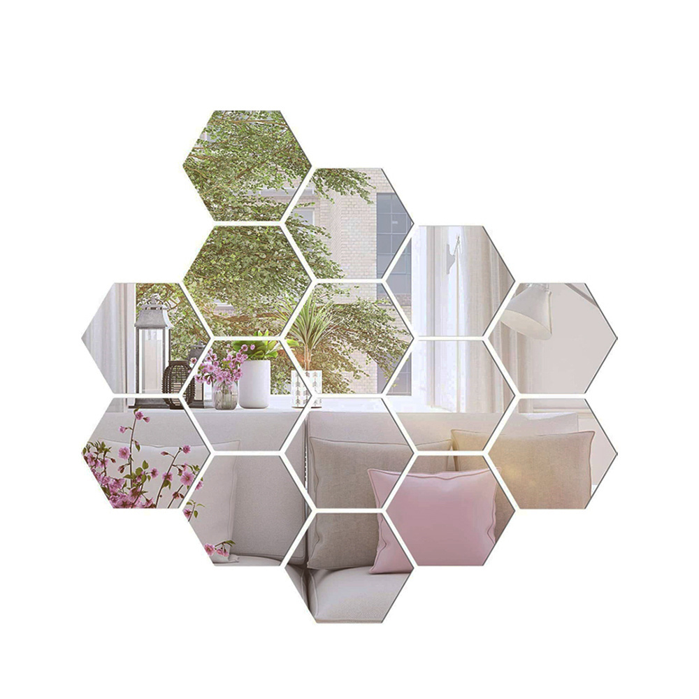 Custom Shape Hexagonal Mirror Stickers Mirror Wall Sticker Living Room Bedroom Home Decor Silver Mirror Glass Sheet