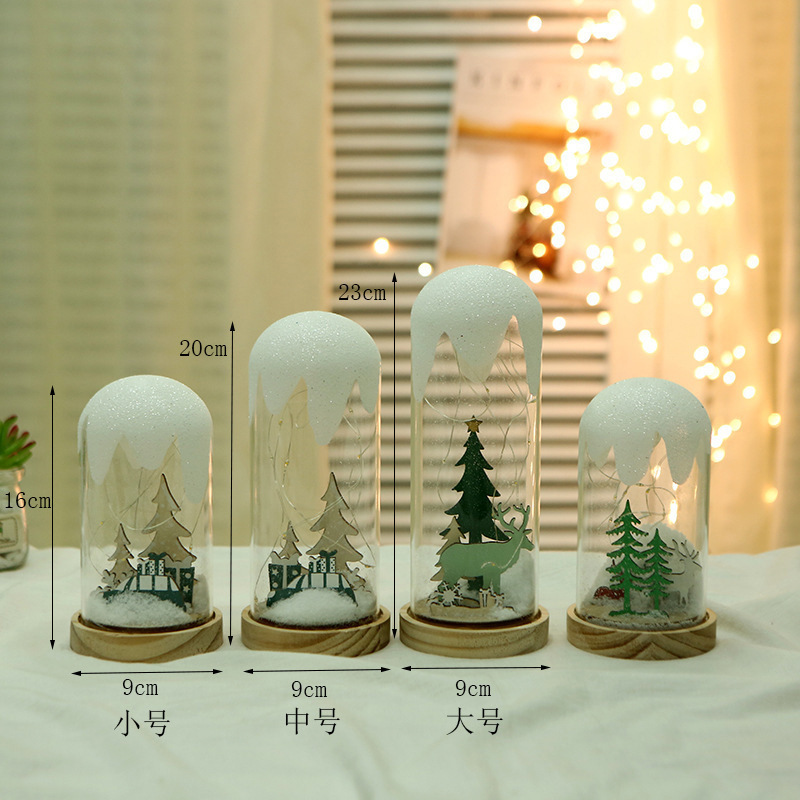 Newish christmas decoration glass dome wooden base art craft gifts snowy christmas tree decor led light with battery operated