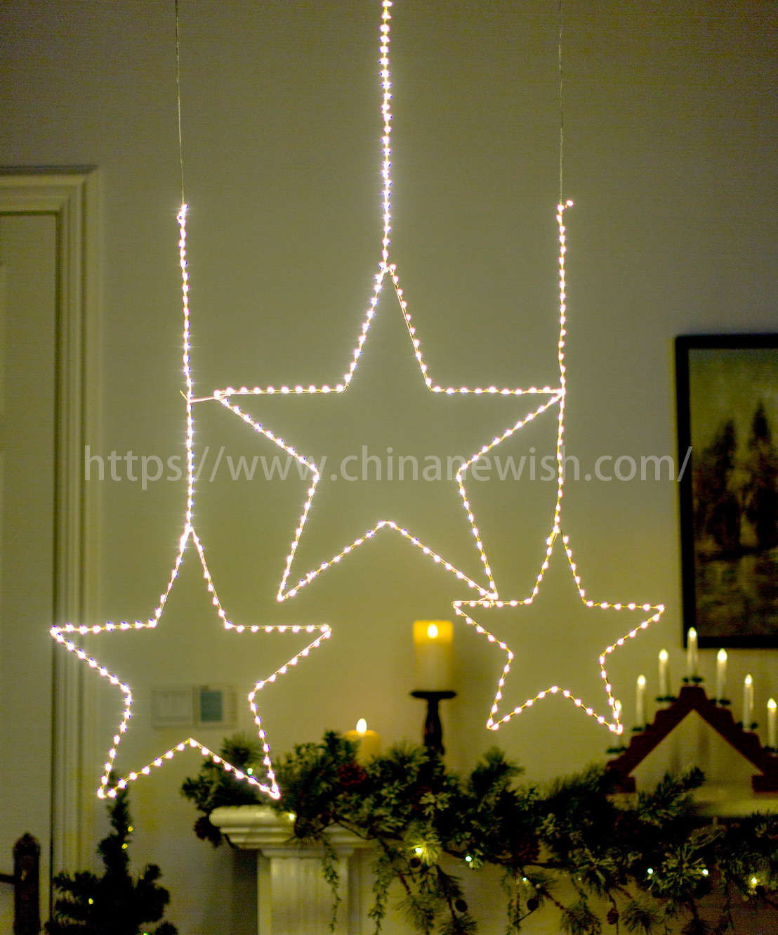 Newish battery operated with timer 3 size star shape led copper wire string star burst fairy lights