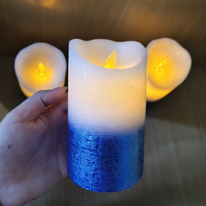 Painting blue candles decor wedding christmas decoration candles led light remote control set 3 luxury battery led candles