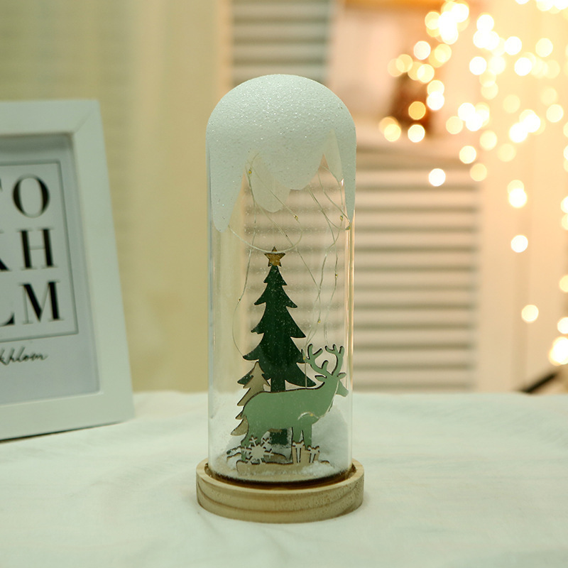 Newish christmas decoration glass dome wooden base art craft gifts snowy christmas tree decor led light with battery operated