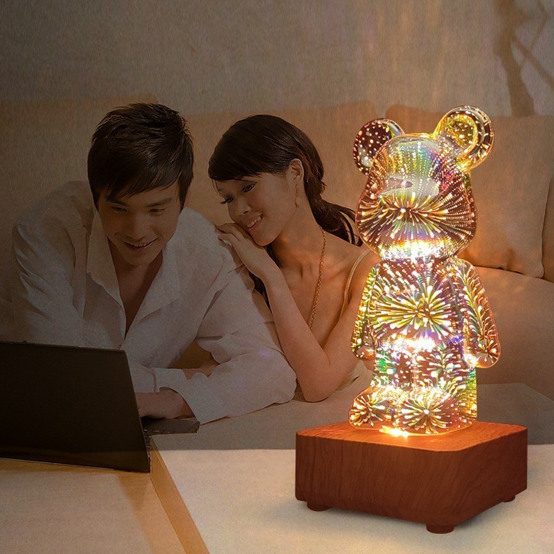 Newish RGB Atmosphere Night Light Romantic 3D Glass Fireworks Bear 7 Colors Touch Control Living Room Bedroom Decoration Lights