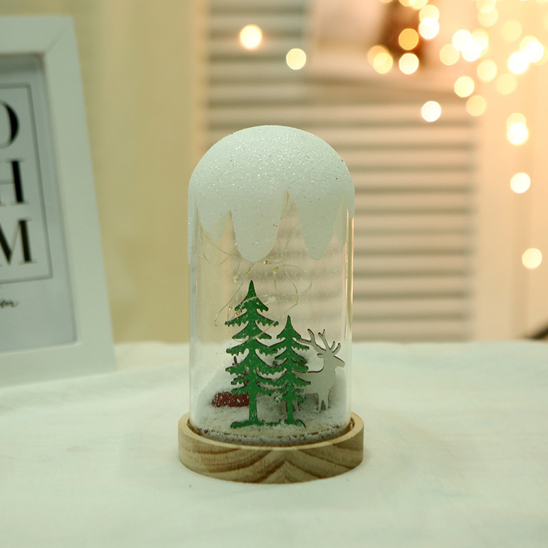 Newish christmas decoration glass dome wooden base art craft gifts snowy christmas tree decor led light with battery operated