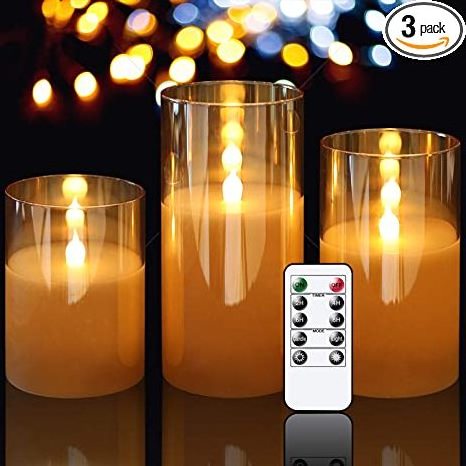 3D flameless LED candle light glass jar gray amber set 3 candles real paraffin wax led candles with remote control 2AA battery