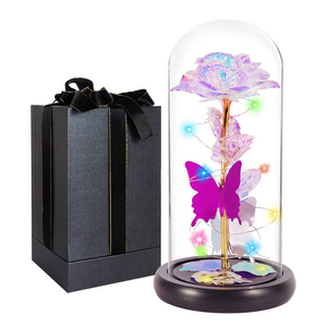 Luxury artificial rose flowers gift box lighting rose glass dome wedding home decoration vataline's days gift box rose light