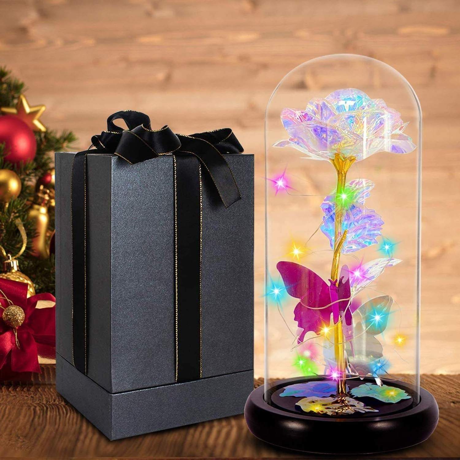 Luxury artificial rose flowers gift box lighting rose glass dome wedding home decoration vataline's days gift box rose light