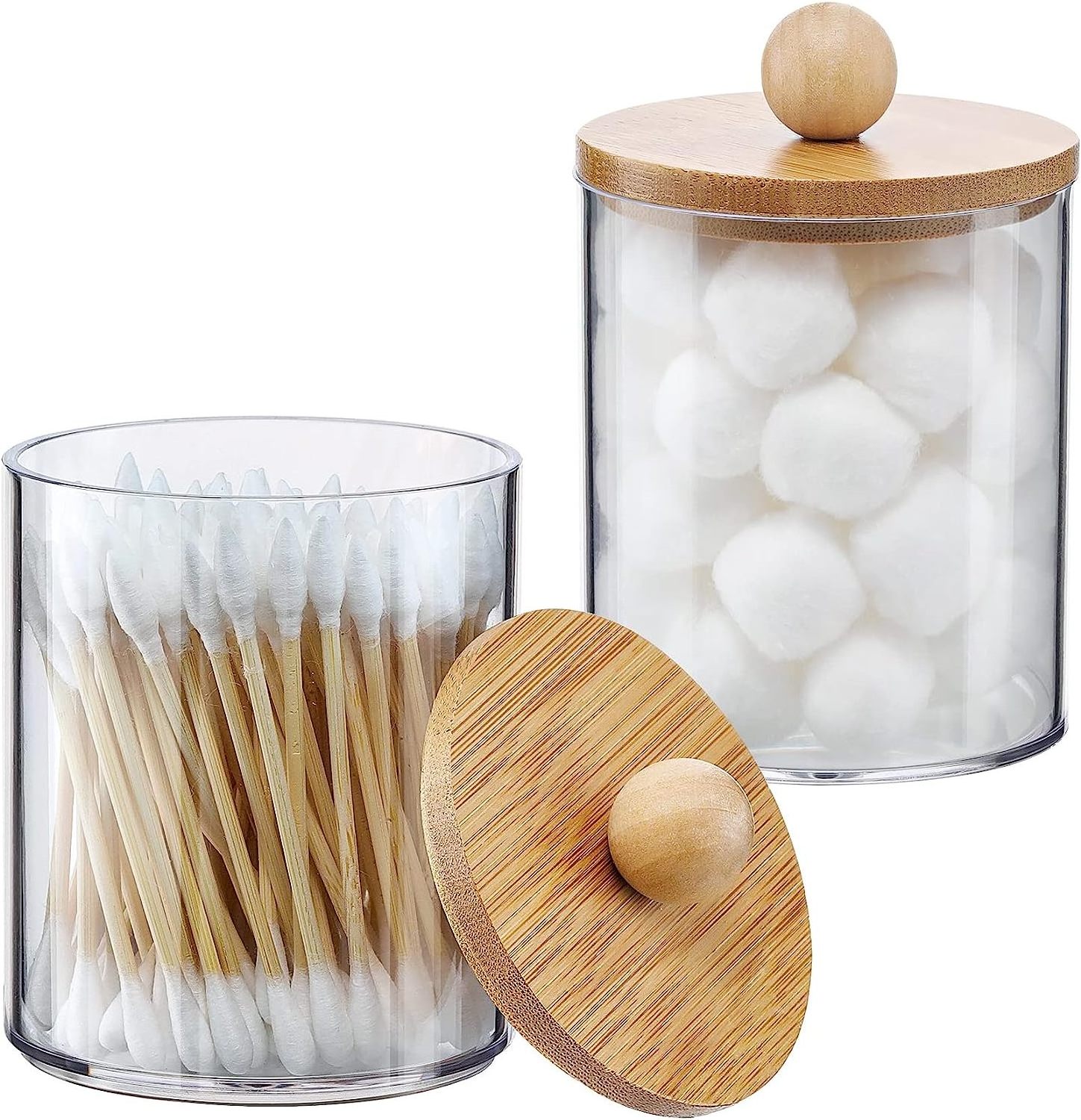 Clear Plastic Acrylic Qtip Cotton Buds Ball  Dispenser Qtips Holder Bathroom Container bamboo Wood Lids Cotton Swab Pads holder