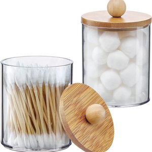 Clear Plastic Acrylic Qtip Cotton Buds Ball  Dispenser Qtips Holder Bathroom Container bamboo Wood Lids Cotton Swab Pads holder