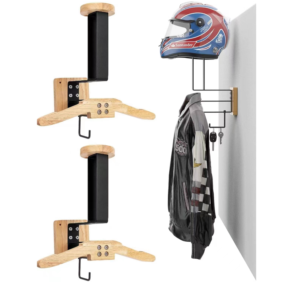 Rack Wall Mount Display Wood Motorcycle Helmet Jacket Hanger Hooks