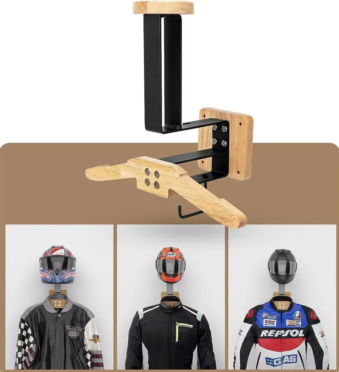 Rack Wall Mount Display Wood Motorcycle Helmet Jacket Hanger Hooks