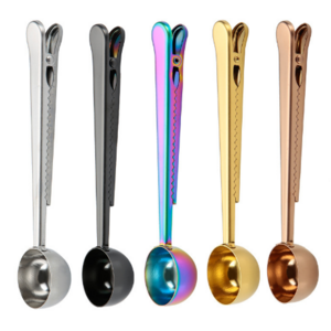 Mini measuring spoon with bag clip for coffee tea metal  2 in 1 stainless steel gold for cooking