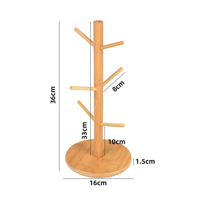 Bamboo Wooden Mug Drying Rack Tree Coffee Tea Cup Bottle Organizer Hanger Holder Dryer Stand with 6 Hooks