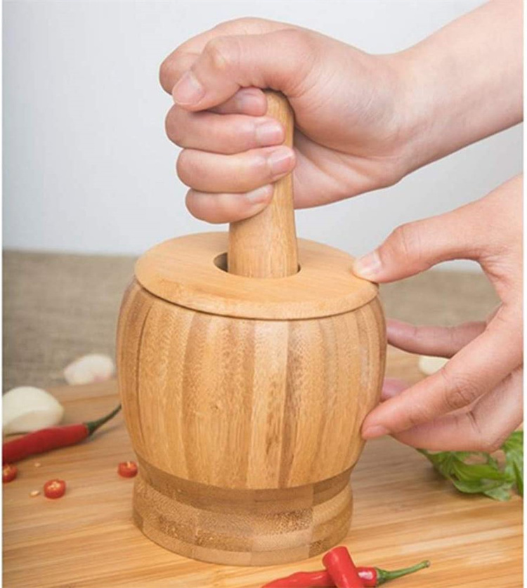 Bamboo Wooden Mortar and Pestle Set With Lid Manual Spice Nuts Grinder Herbal Crusher Grinding Bowl For Garlic, Pepper, Ginger