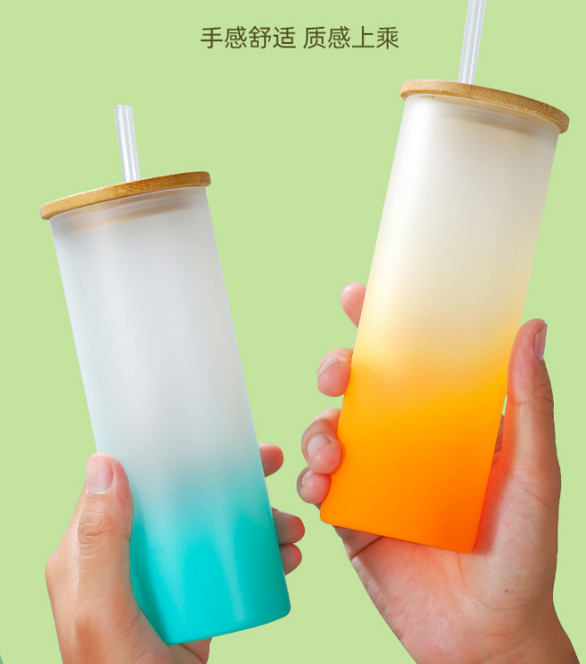 Sublimation Glass with Bamboo Lid,Frosted Sublimation Beer Can Glass Gradient Color Material Suitable for Beer, Juice, Ice Water