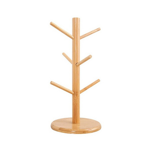 Bamboo Wooden Mug Drying Rack Tree Coffee Tea Cup Bottle Organizer Hanger Holder Dryer Stand with 6 Hooks