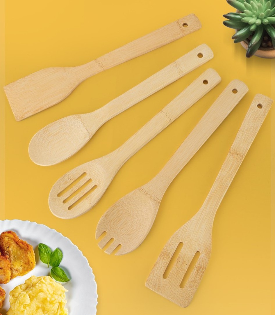 Kitchen Accessories Burned Wooden wood Kitchen Utensils Cooking Set Organic Bamboo Slotted Spoons Turners Carved Spatulas