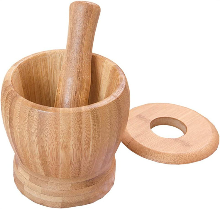 Bamboo Wooden Mortar and Pestle Set With Lid Manual Spice Nuts Grinder Herbal Crusher Grinding Bowl For Garlic, Pepper, Ginger