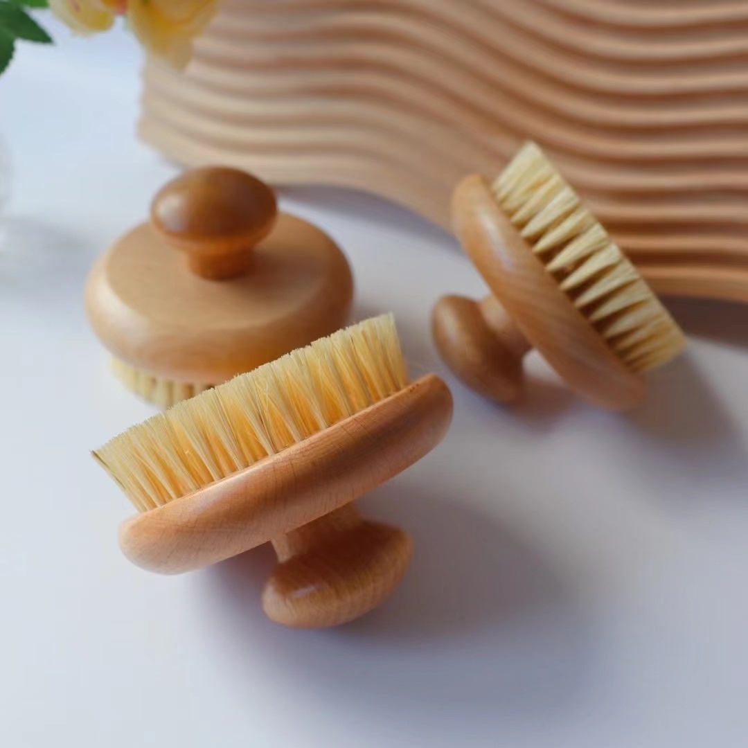 Natural Wooden Shower Washer with Long Handle and bath brush heads exfolaiting body scrubber Dry Brush Body Brush