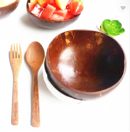 Wholesale Natural Eco Friendly Organic Polished Coconut Bowl Shell With Wooden Spoon And Fork For Salad Smoothie Coconut Bowl