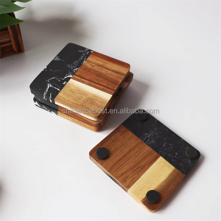 Acacia Wood Marble Coaster Set Drink Coasters for Tea Coffee Cups round Square Hexagon Shapes Wooden Cup Mat Pad for Tables