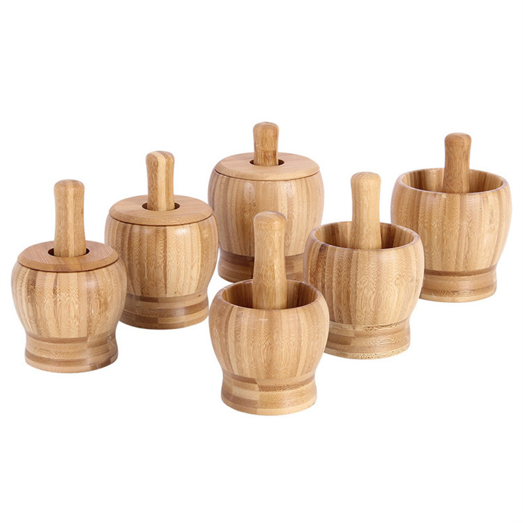 Bamboo Wooden Mortar and Pestle Set With Lid Manual Spice Nuts Grinder Herbal Crusher Grinding Bowl For Garlic, Pepper, Ginger