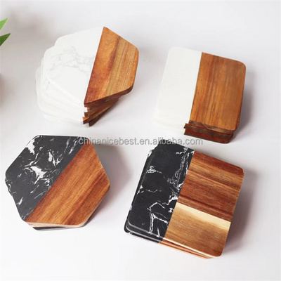 Acacia Wood Marble Coaster Set Drink Coasters for Tea Coffee Cups round Square Hexagon Shapes Wooden Cup Mat Pad for Tables