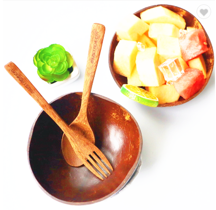 Wholesale Natural Eco Friendly Organic Polished Coconut Bowl Shell With Wooden Spoon And Fork For Salad Smoothie Coconut Bowl