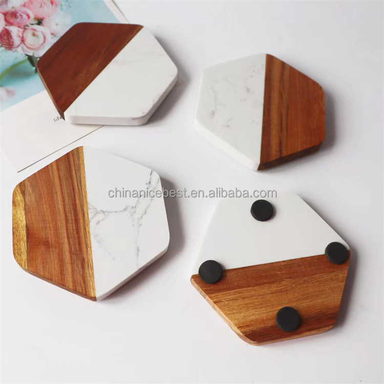 Acacia Wood Marble Coaster Set Drink Coasters for Tea Coffee Cups round Square Hexagon Shapes Wooden Cup Mat Pad for Tables