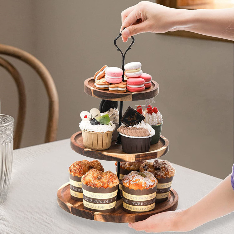 3 Tier Wood Wooden Dessert Nuts Serving Tray Round Cake Stands Three Layer Cupcake Display Stand