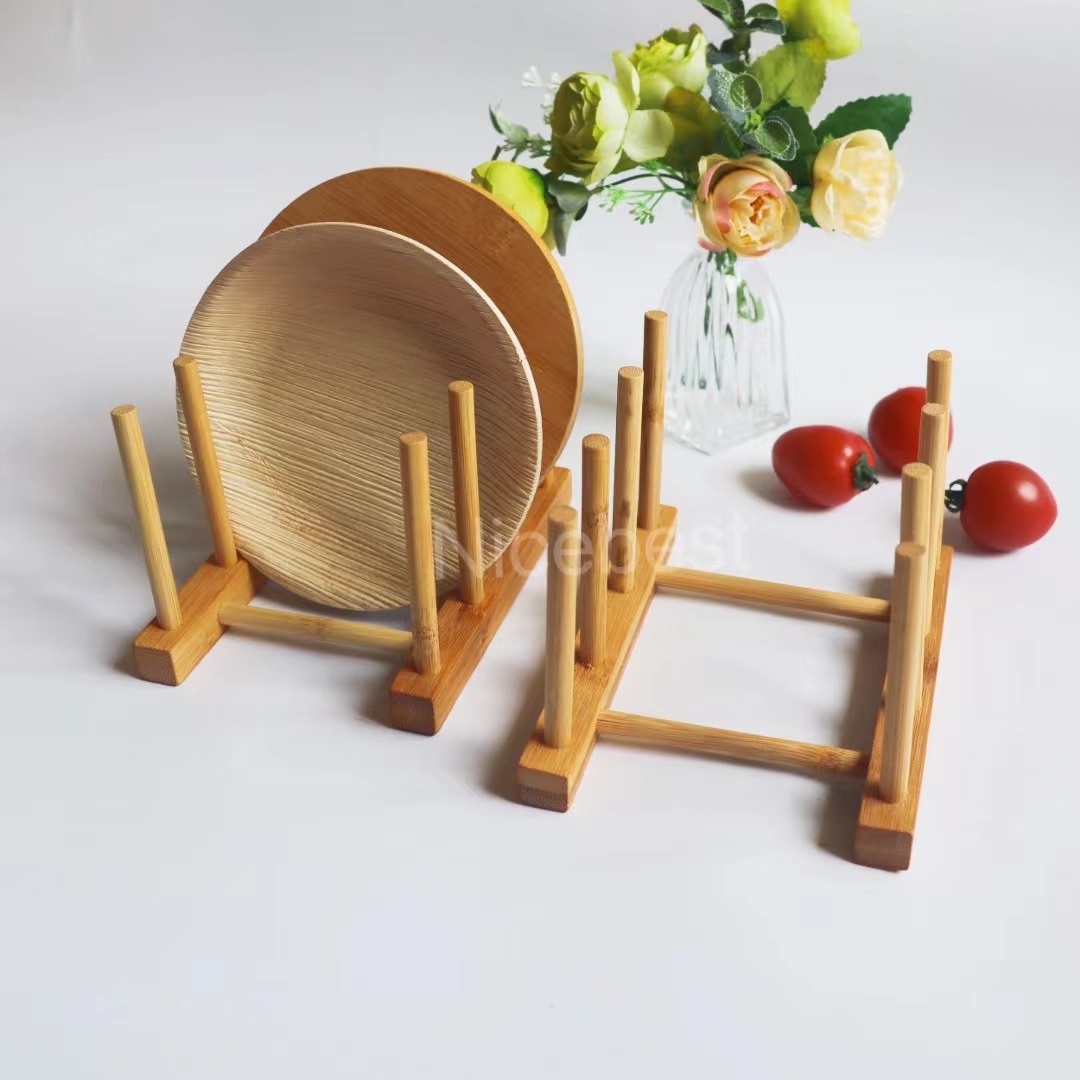 Natural Bamboo Wooden Plates Dish Rack Stand Bottle Pot Lid Cutting Board Organizer Movable Drying Holder Dishes Drainboard