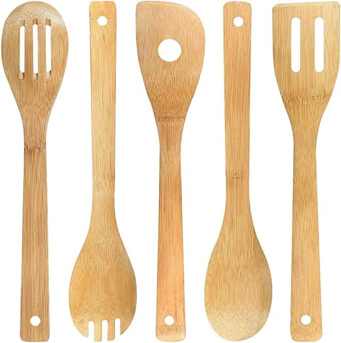 Kitchen Accessories Burned Wooden wood Kitchen Utensils Cooking Set Organic Bamboo Slotted Spoons Turners Carved Spatulas