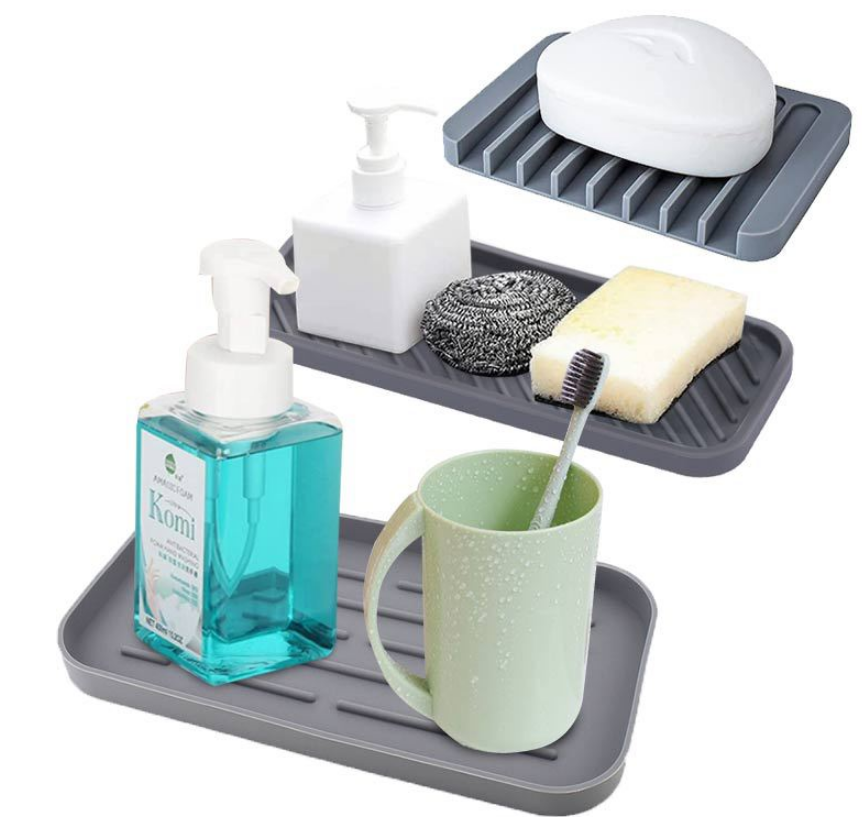 Silicone Sponge Holder Kitchen Sink Organizer Tray Dish Caddy Soap Dispenser, Scrubber Spoon Holder, Dishwashing Accessories