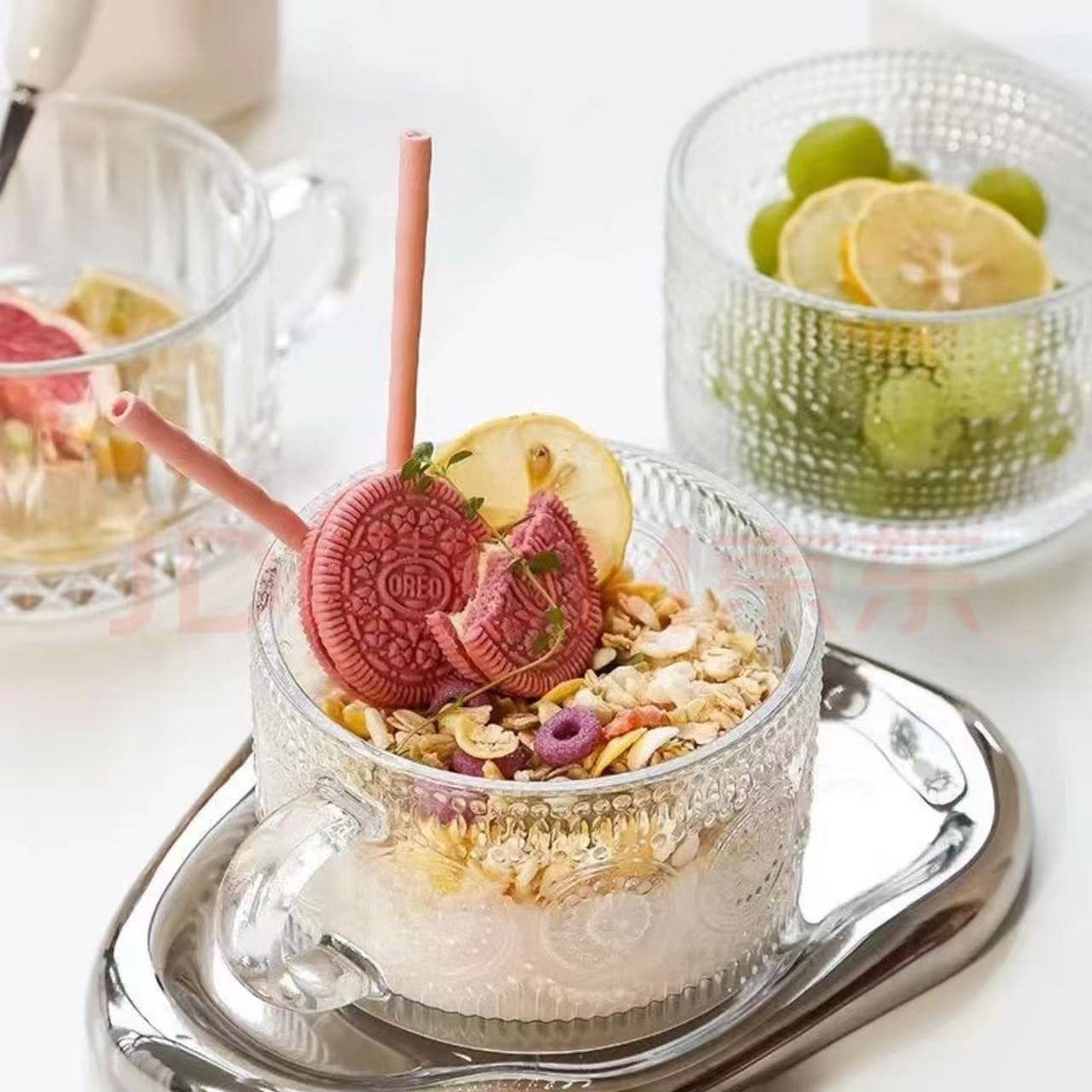 14Oz Glass Coffee Cups with Bamboo Lids Golden Spoons Overnight Oats Containers handle Clear  Embossed Vintage glass coffee Mugs