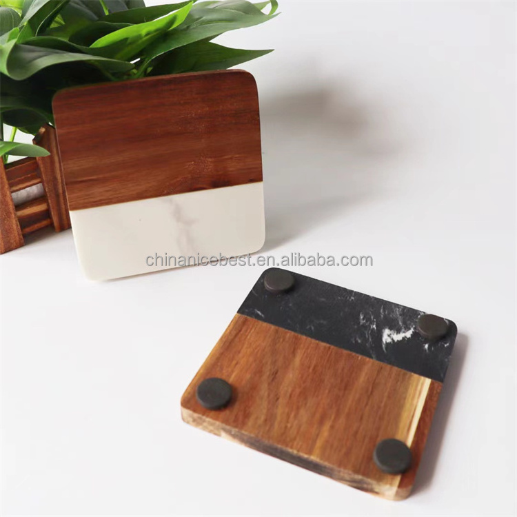 Acacia Wood Marble Coaster Set Drink Coasters for Tea Coffee Cups round Square Hexagon Shapes Wooden Cup Mat Pad for Tables