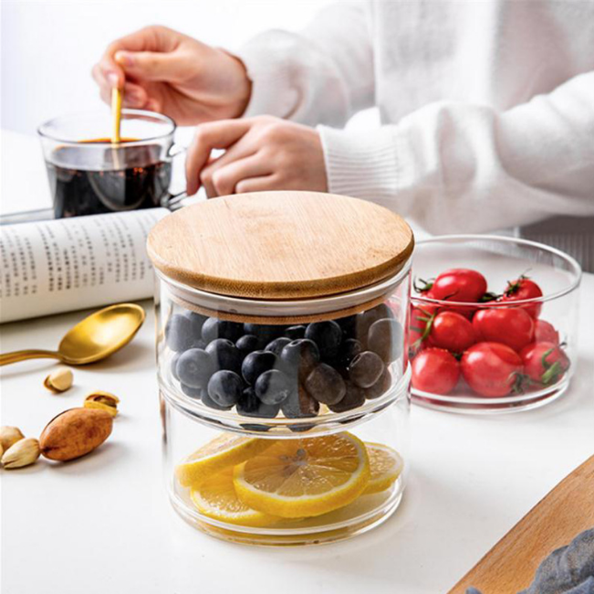 Japanese fruit salad bowl Clear glass bowl with lid household simple storage jar creativity Multi-layer combination storage tank