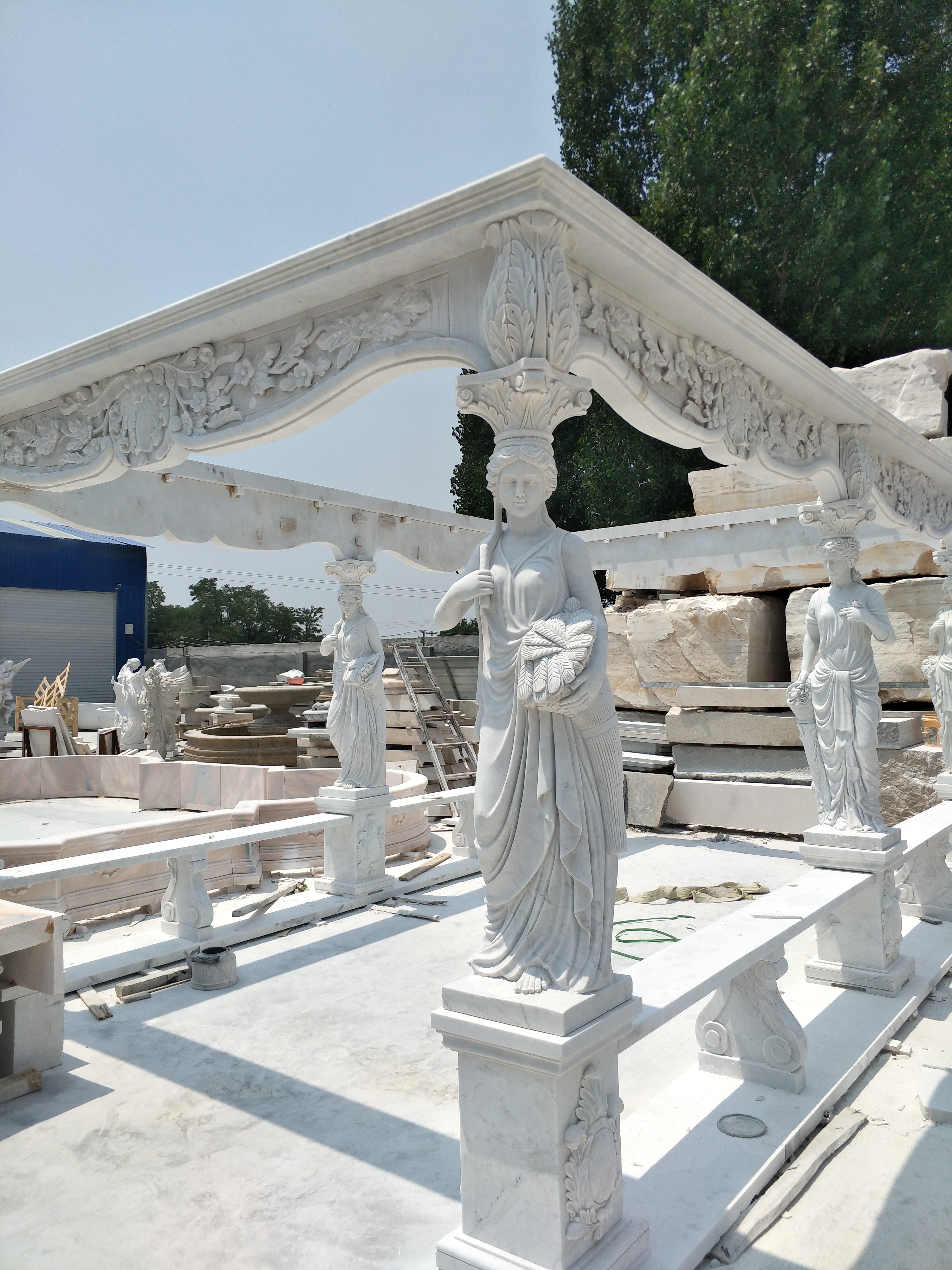 Western style custom fine carving wedding outdoor garden stone gazebo large white marble gazebos with ladies column