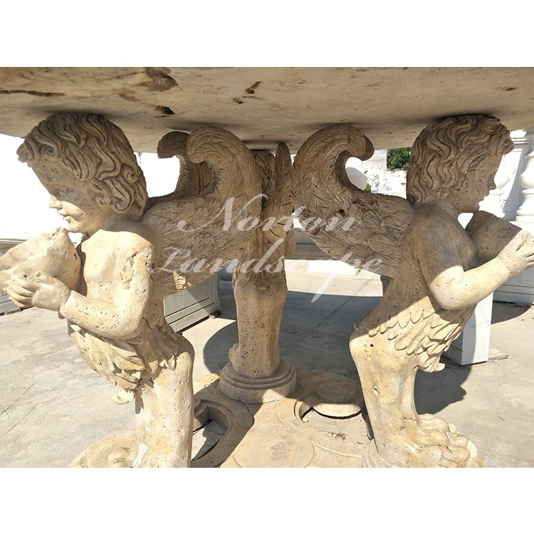 Home Used European Style Antique Granite Limestone Round Marble Cherub Statues Coffee Table For Sale